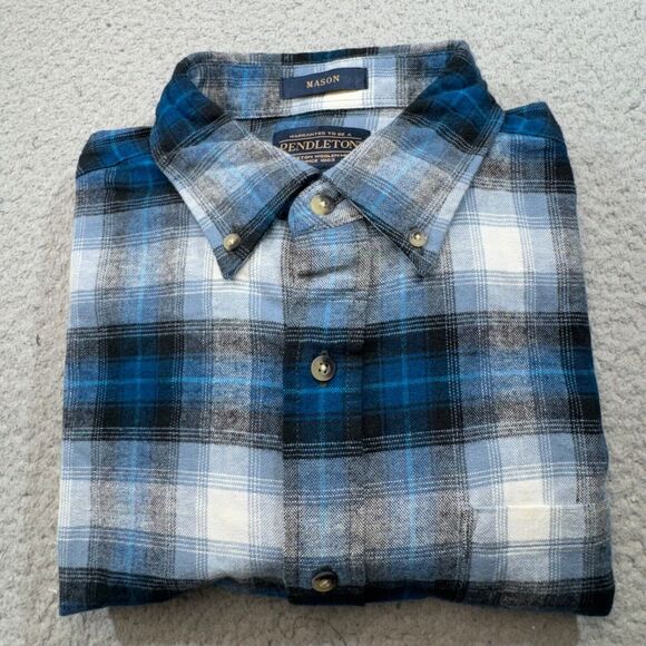 Pendleton Shirt Men Medium Blue Plaid Pocket Button Front Mason Work‎ Hike Gorp - Picture 1 of 13